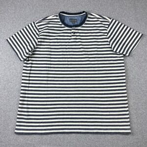 LL Bean Signature Henley Shirt Mens Large Blue White Striped Slim Short Sleeve